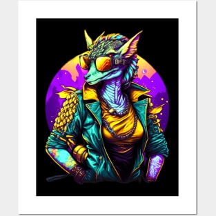 Retro Dragon Art| Cute Female Dragon in Jacket wearing Sun glasses Posters and Art